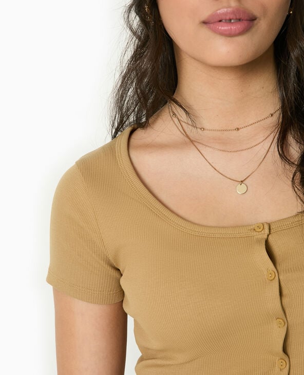 Pimkie T-shirt Court Boutonné En Maille Côtelée - Camel