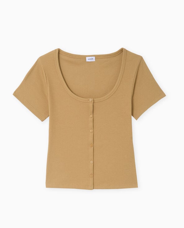 Pimkie T-shirt Court Boutonné En Maille Côtelée - Camel