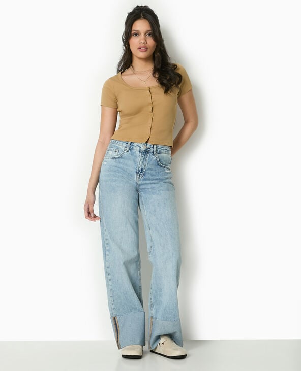 pimkie T-shirt court boutonné en maille côtelée - Camel