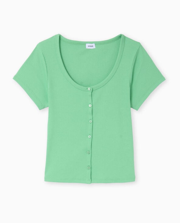Pimkie T-shirt Court Boutonné En Maille Côtelée - Vert Clair