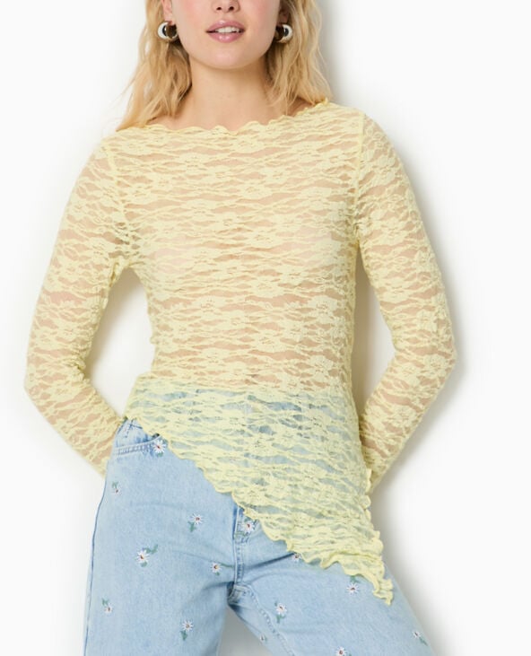 Pimkie Top Asymétrique Dentelle Manches Longues - Jaune Pâle