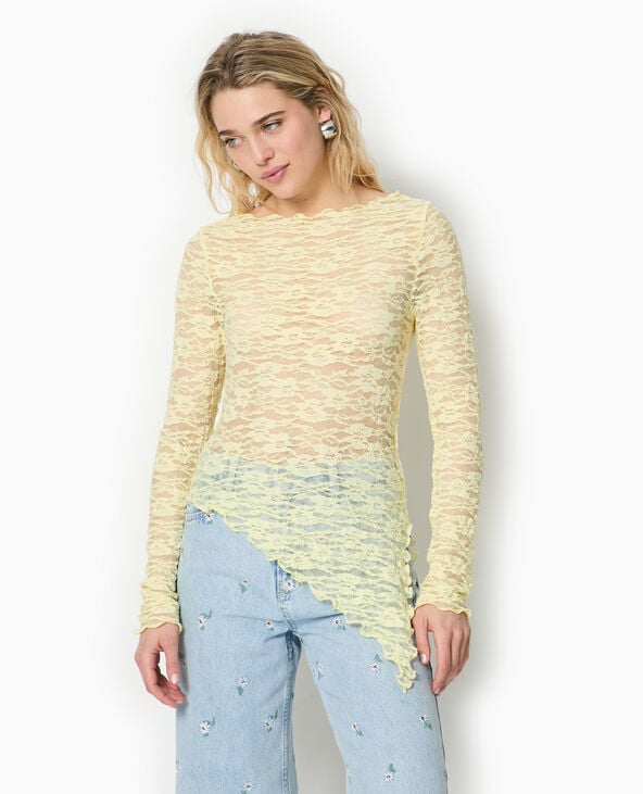 Pimkie Top Asymétrique Dentelle Manches Longues - Jaune Pâle
