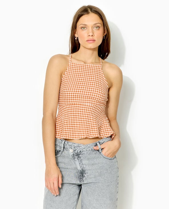Pimkie Top Base Volantée Dos Dégagé Motif Vichy - Marron