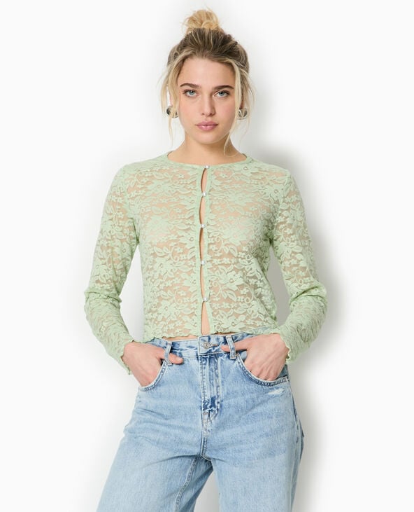 Pimkie Top Cardigan En Dentelle Avec Bouton Perle - Vert De Gris
