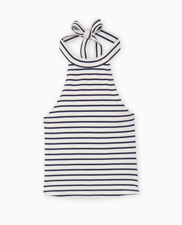 Pimkie Top Court Dos-nu En Maille Côtelée Rayée - Blanc