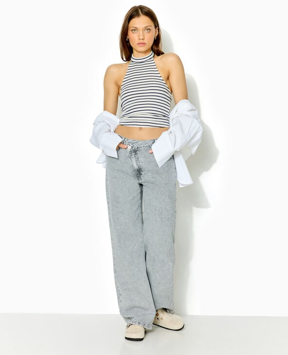 Pimkie Top Court Dos-nu En Maille Côtelée Rayée - Blanc