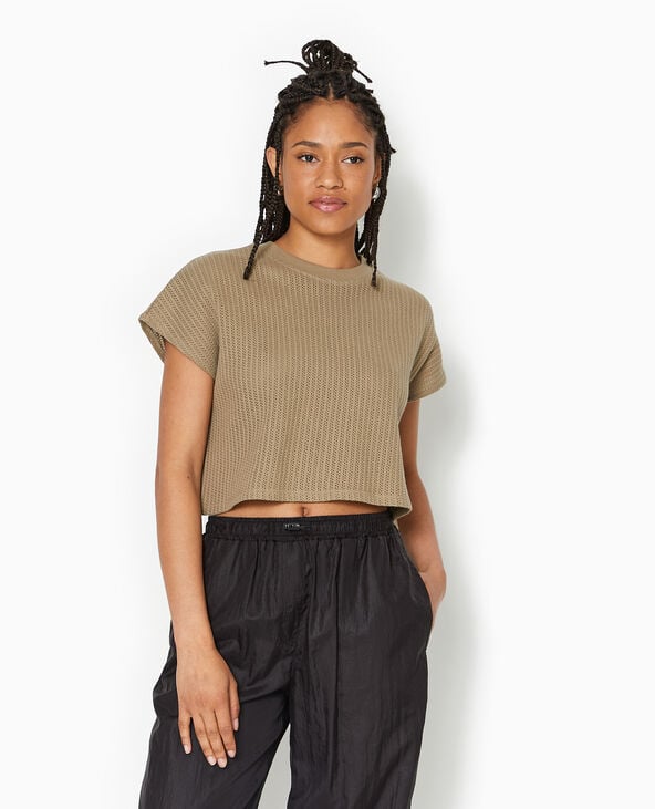 Pimkie Top Court Sans Manches En Maille Ajourée - Vert Kaki