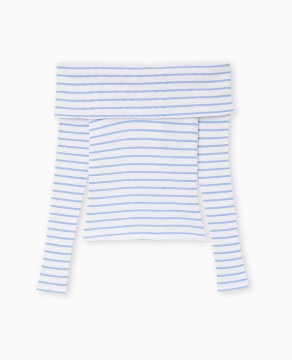 Pimkie Top En Maille Côtelée Encolure Bardot Rayé - Bleu