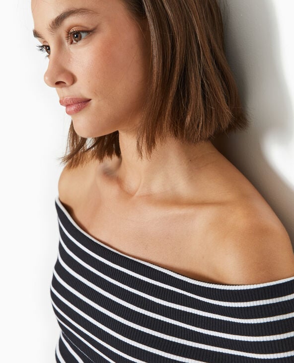 Pimkie Top En Maille Côtelée Encolure Bardot Rayé - Noir