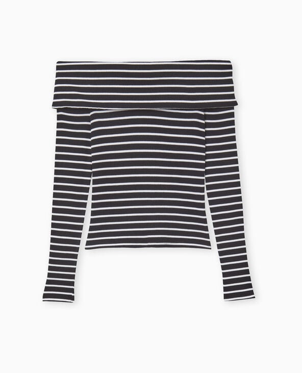 Pimkie Top En Maille Côtelée Encolure Bardot Rayé - Noir