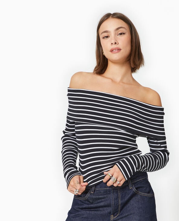 Pimkie Top En Maille Côtelée Encolure Bardot Rayé - Noir