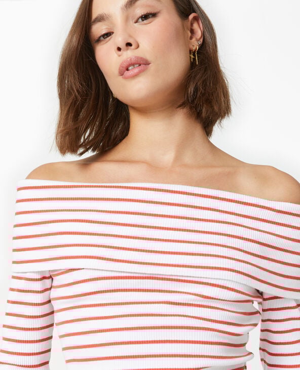 Pimkie Top En Maille Côtelée Encolure Bardot Rayé - Rouge
