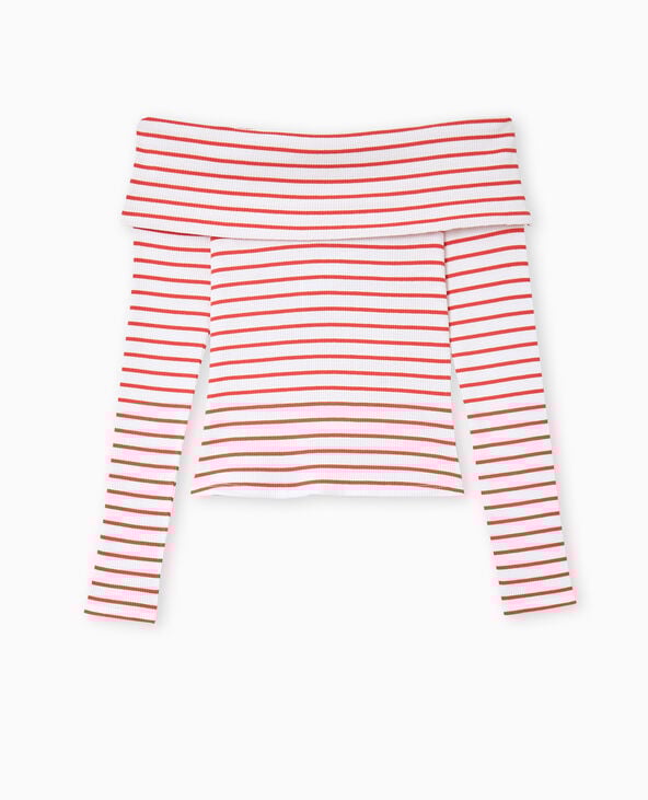 Pimkie Top En Maille Côtelée Encolure Bardot Rayé - Rouge