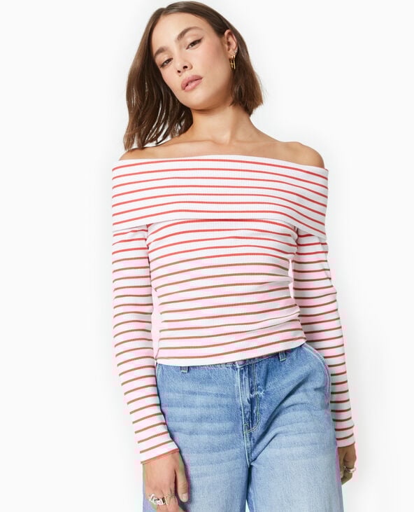 Pimkie Top En Maille Côtelée Encolure Bardot Rayé - Rouge