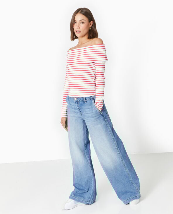 pimkie Top en maille côtelée encolure Bardot rayé - Rouge