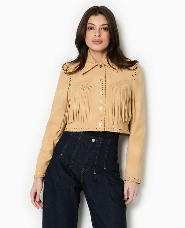 Pimkie Veste Western Courte En Suédine Avec Franges - Beige