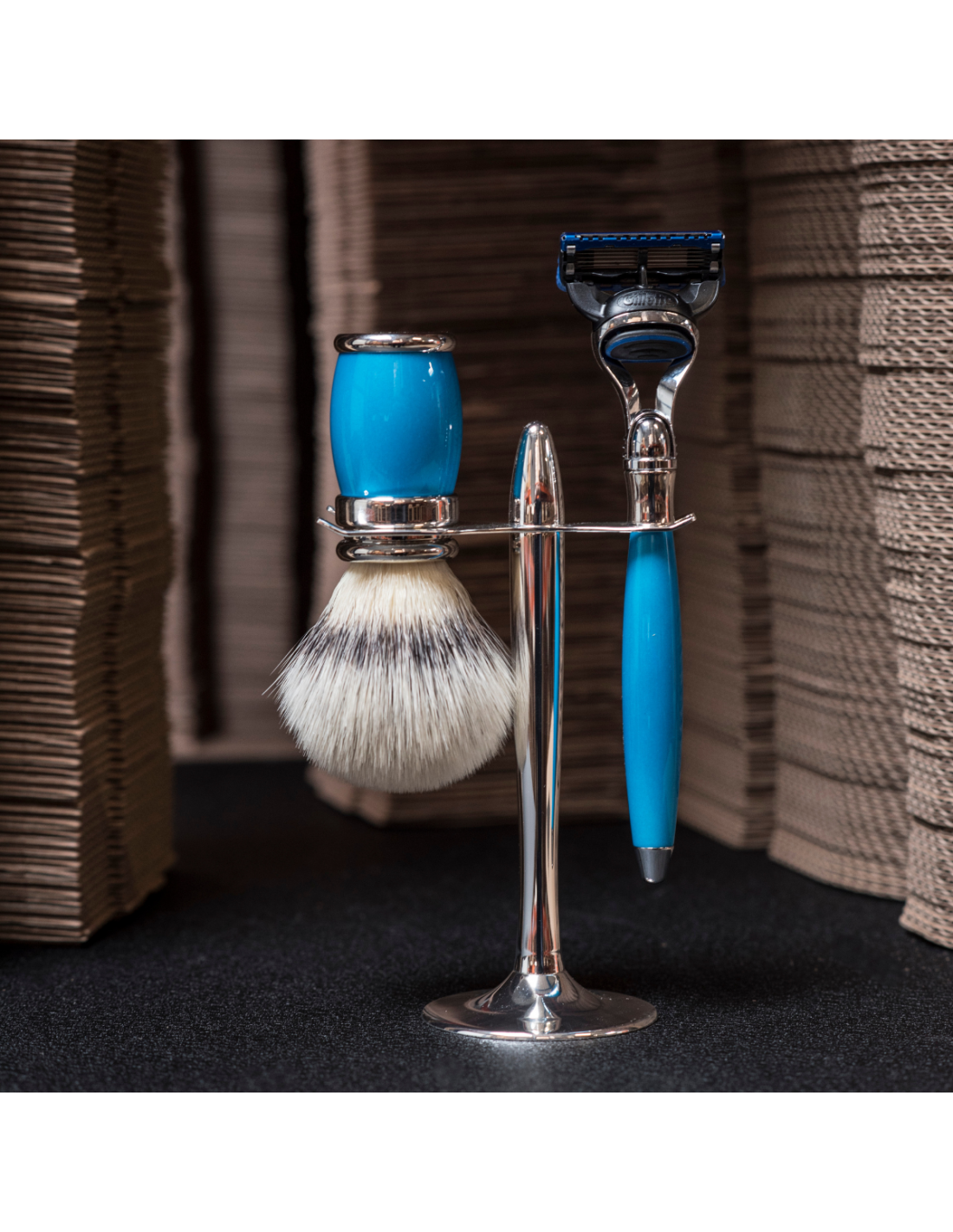 Plisson Blaireau Joris Bleu Estérel Finition Chrome