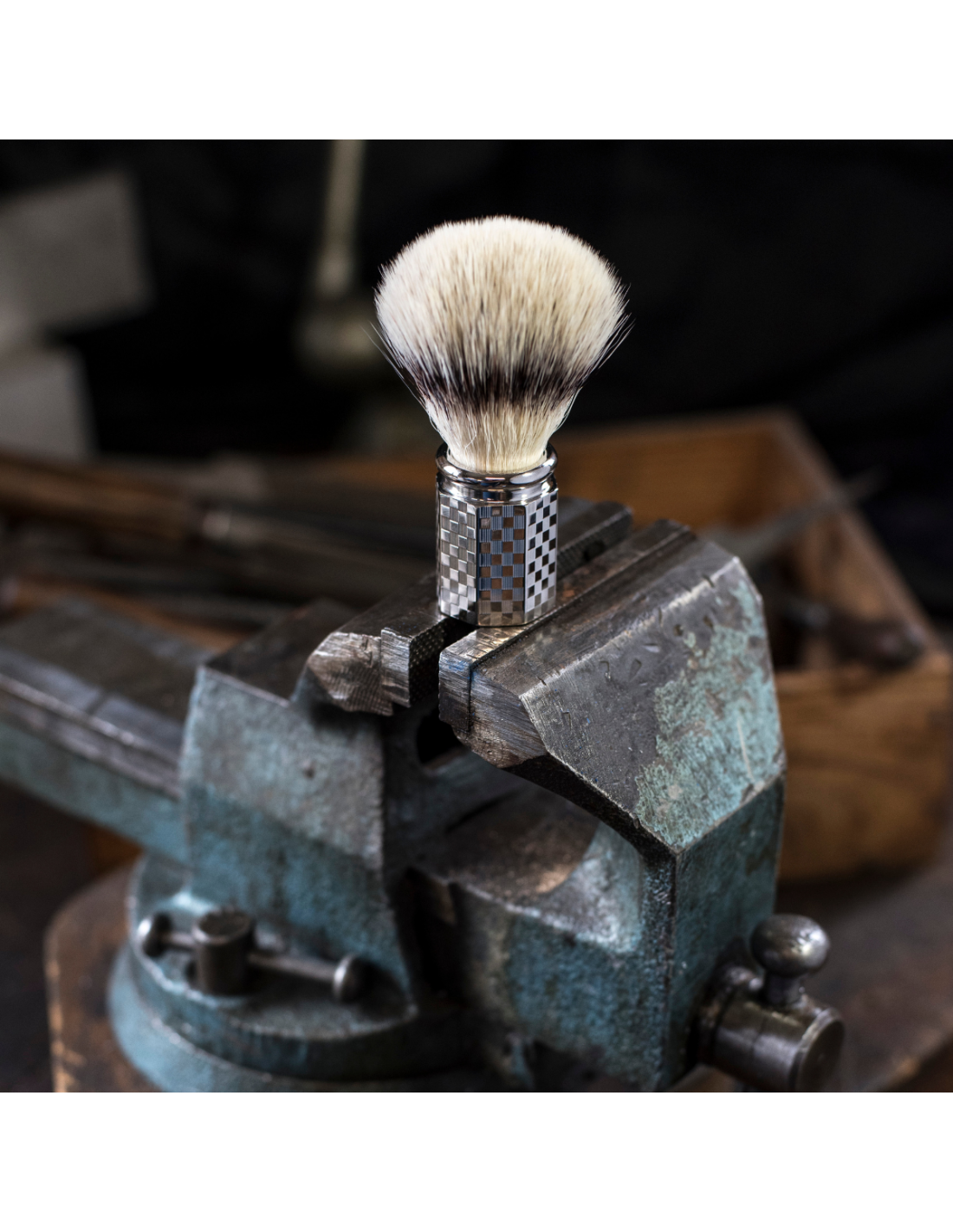 Plisson Blaireau Octogonal Fibre "Blanc Haute Montagne" Motif Carreaux Finition Palladium