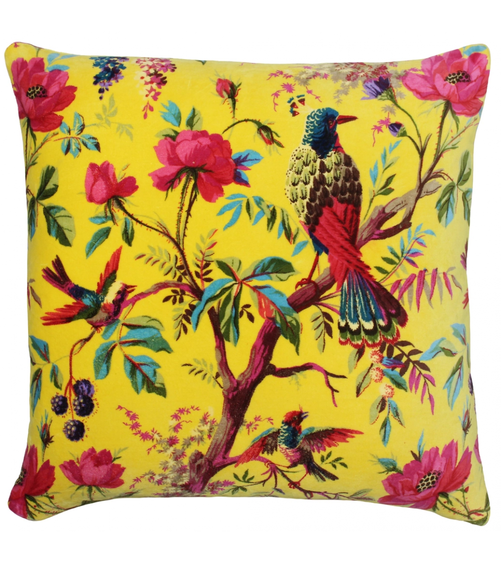 pompon bazar COUSSIN en VELOURS IMPRIME JAUNE 50x50cm