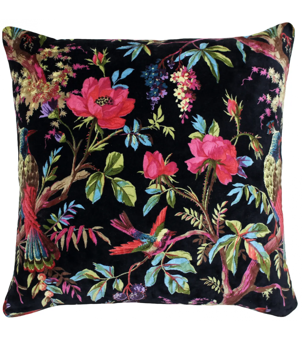 pompon bazar COUSSIN en VELOURS IMPRIME NOIR 50x50cm