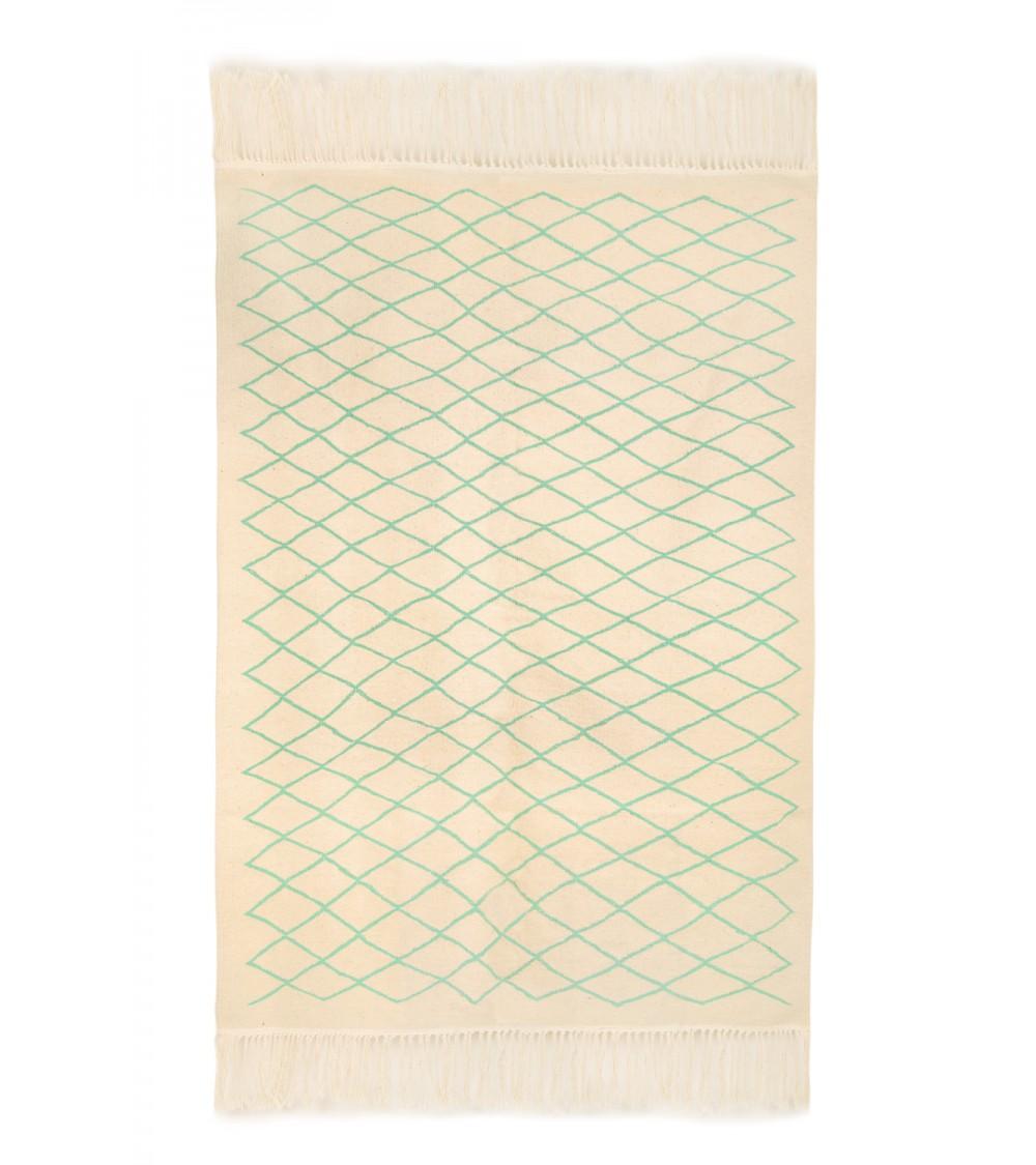 pompon bazar KILIM BERBERE ECRU avec LIGNES TURQUOISE 239 x 162 cm