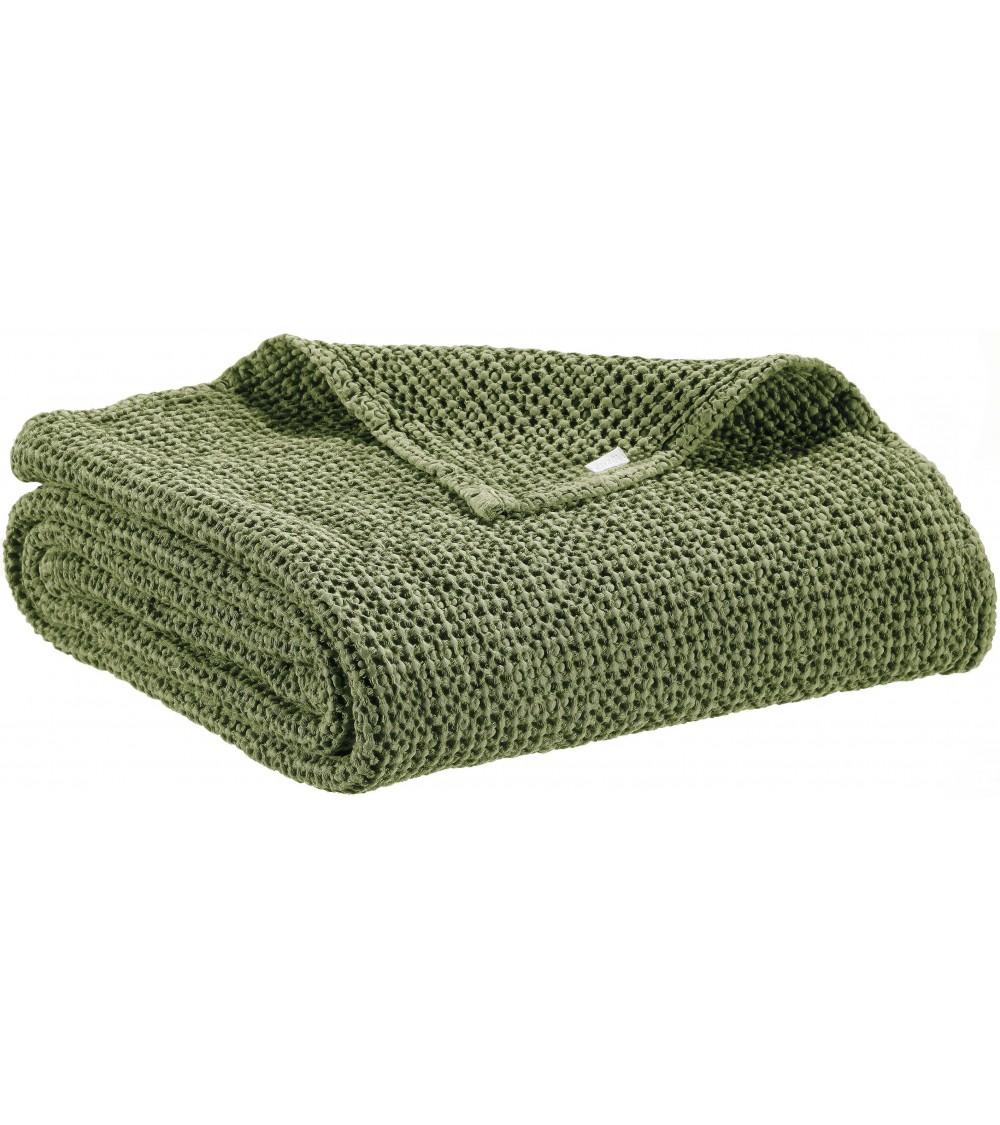 pompon bazar PLAID couleur EUCALYPTUS en COTON 200x140cm