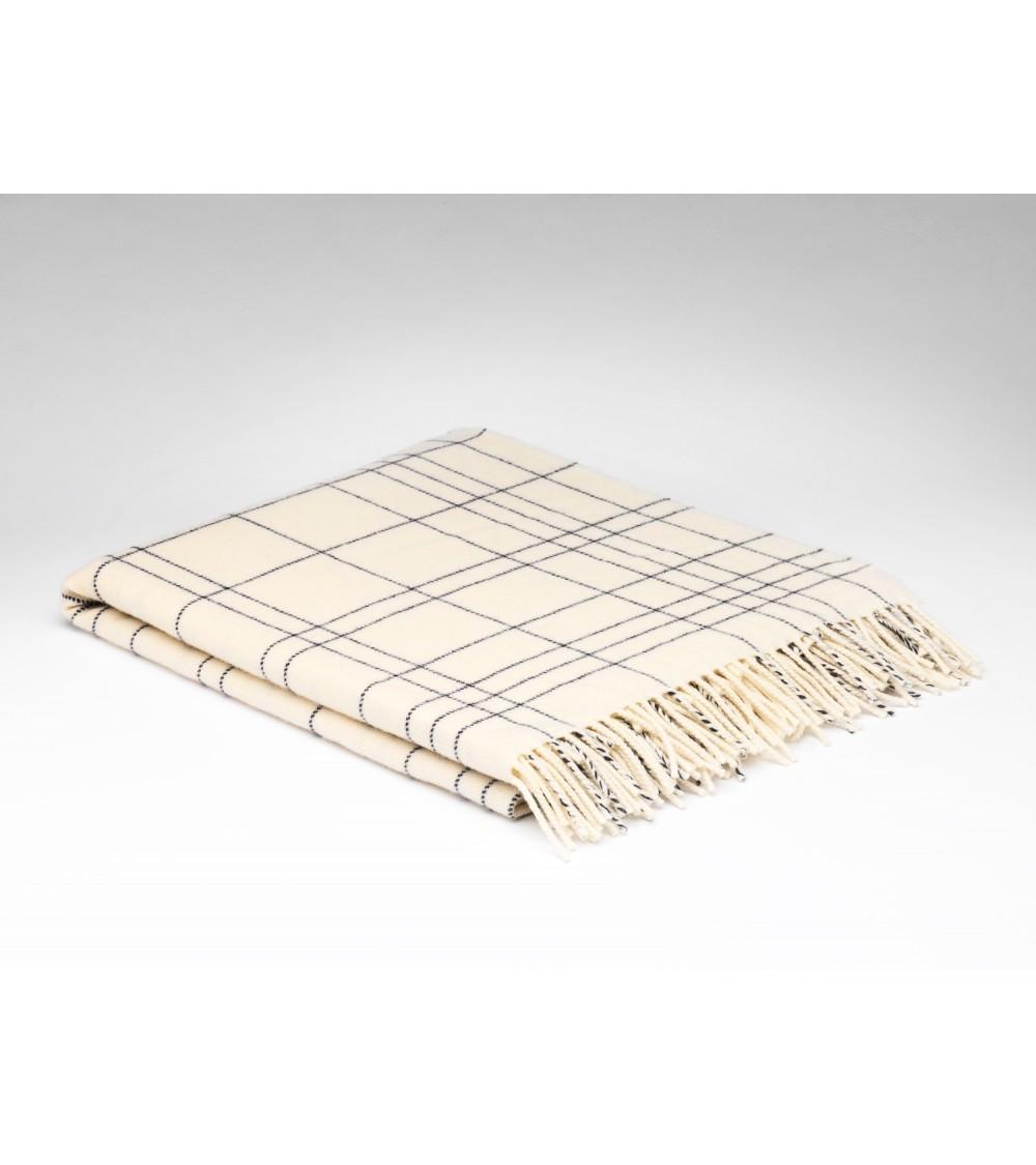 pompon bazar PLAID en LAINE MERINOS ECRU à RAYURES BLEU 200 x 145 cm