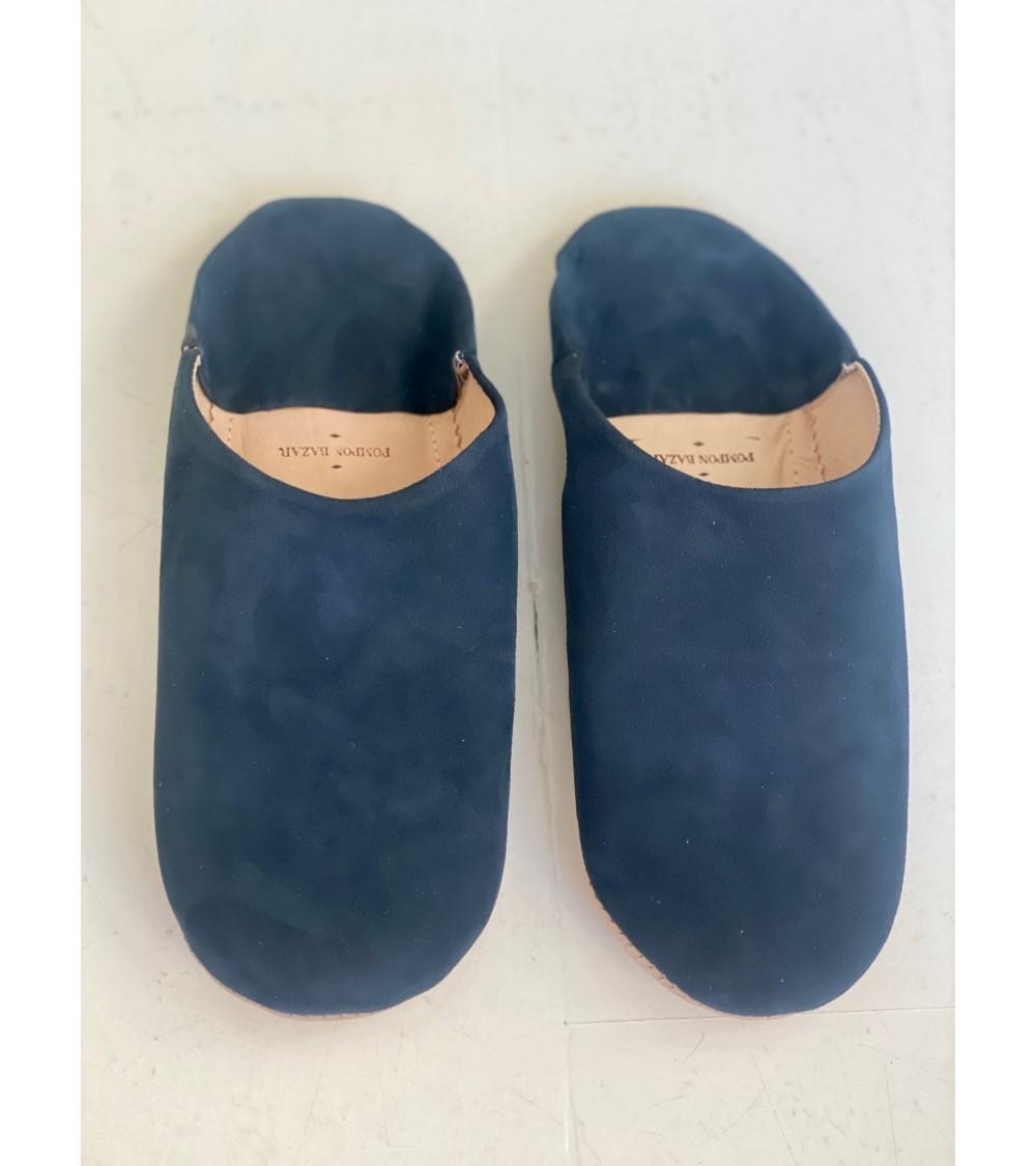 pompon bazar BABOUCHES HOMMES en DAIM BLEU MARINE