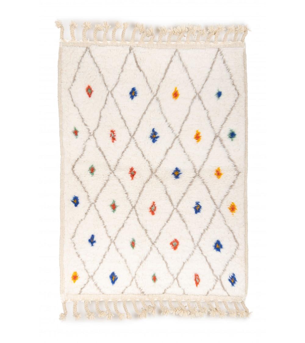 pompon bazar TAPIS BERBERE BENI OURAIN ECRU à LOSANGES et POINTS COLORES 152 x 110 cm