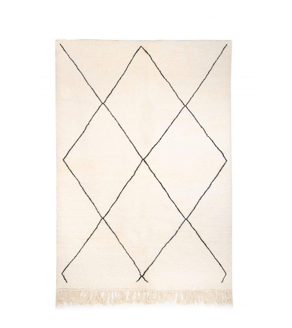 pompon bazar TAPIS BERBERE BENI OURAIN ECRU à LOSANGES NOIRS 303 x 203 cm