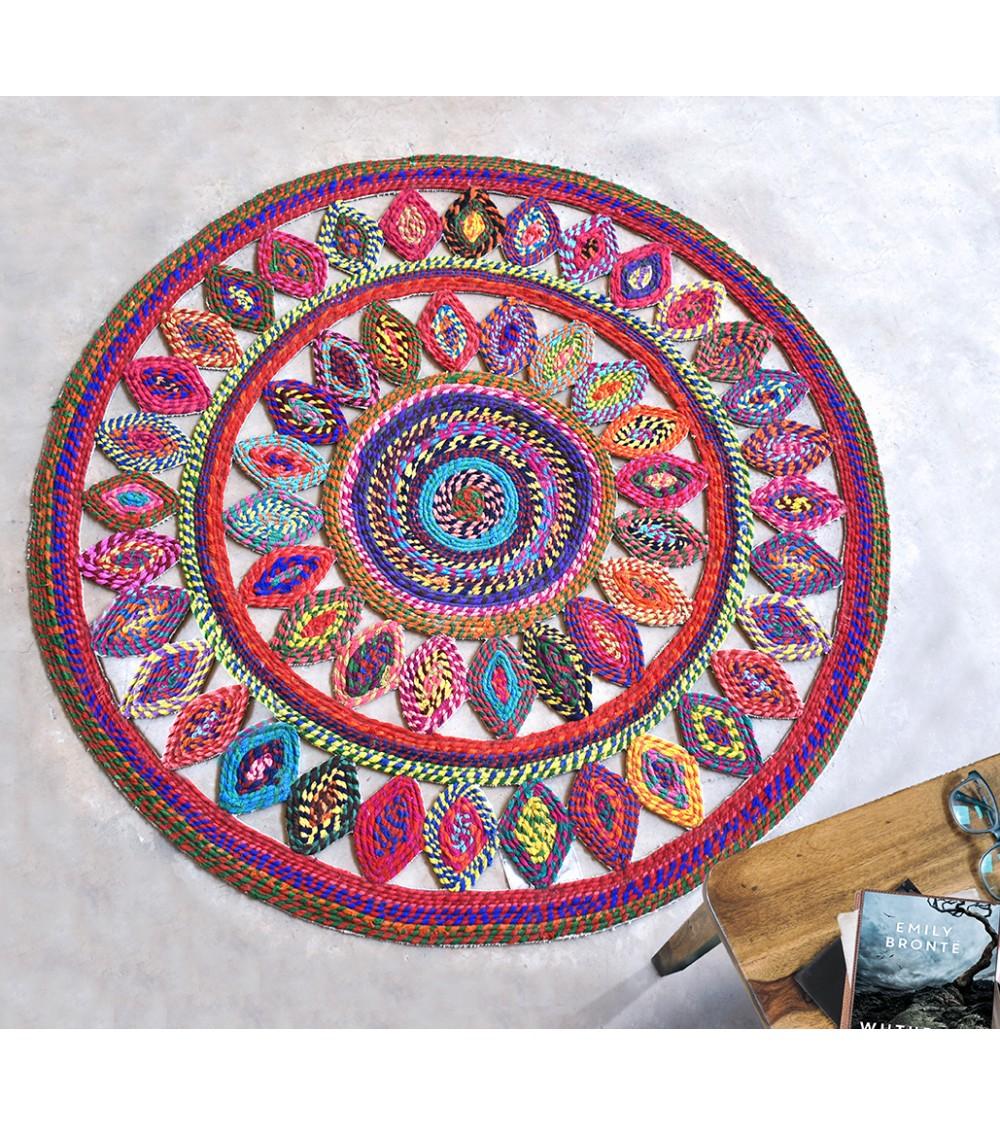 pompon bazar TAPIS ROND en COTON MULTICOLORE DIAMETRE 90cm