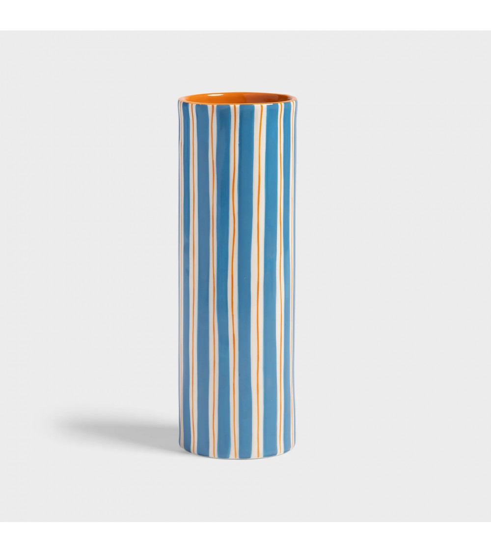 pompon bazar VASE en CERAMIQUE BLEU et ORANGE à RAYURES Hauteur 23 5cm