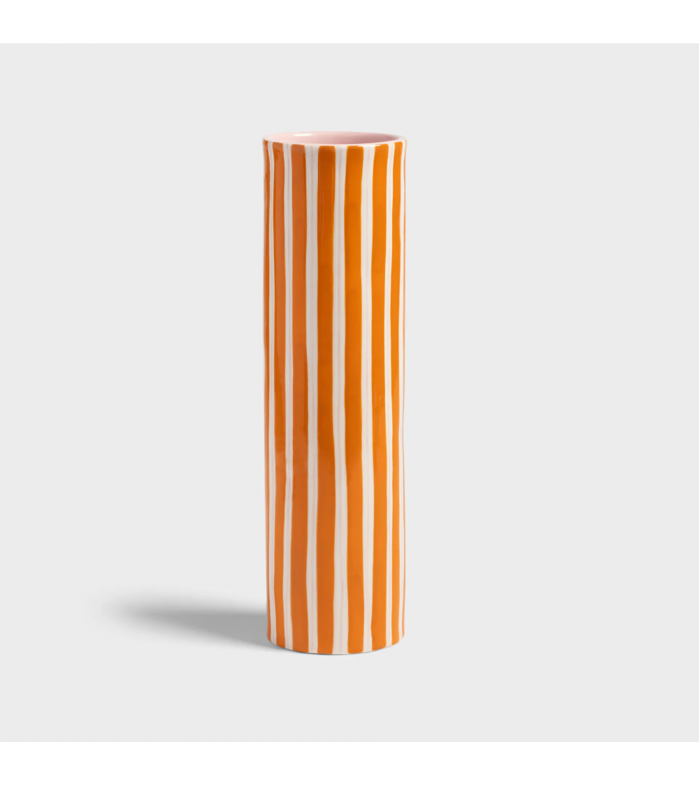 pompon bazar VASE en CERAMIQUE ORANGE et BLANC à RAYURES Hauteur 28 5cm
