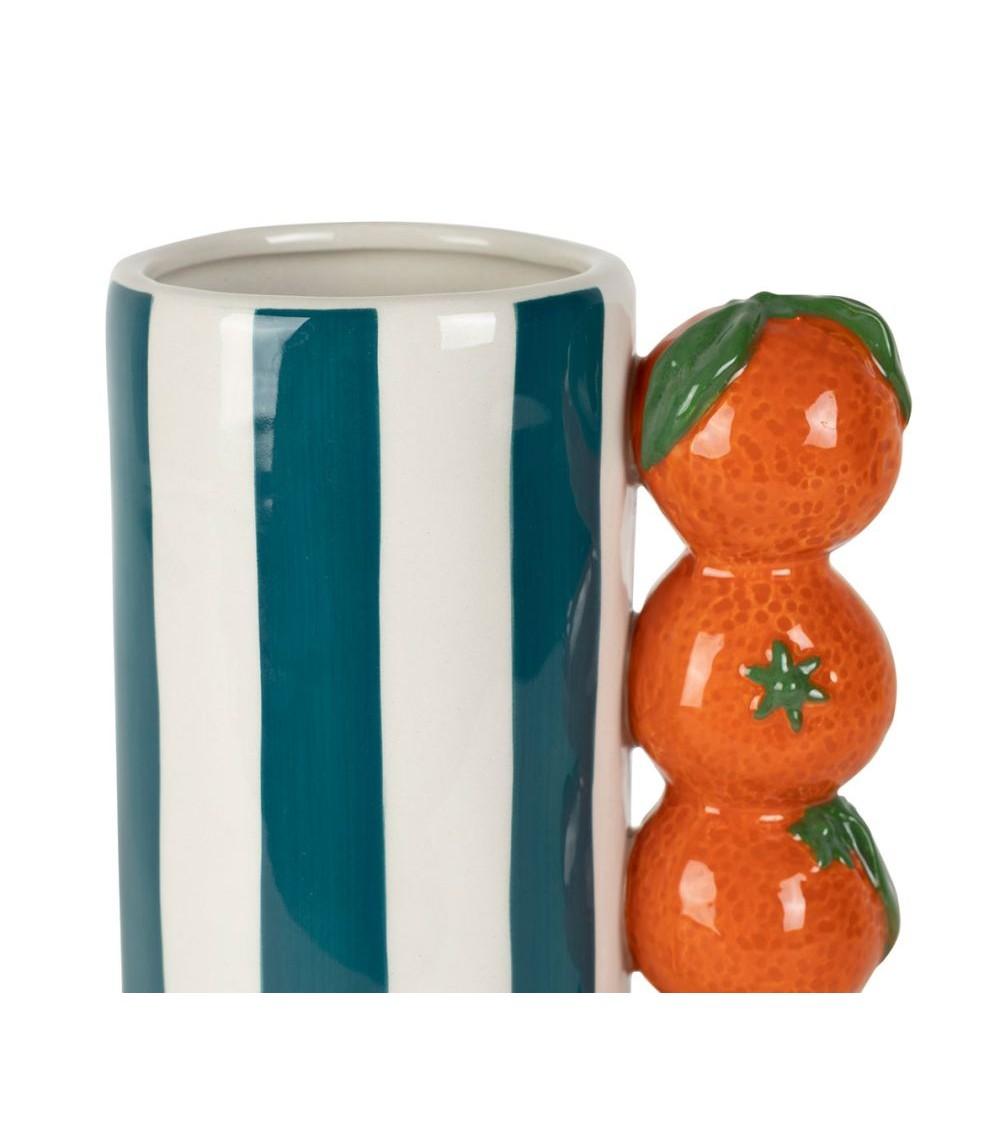 Pompon Bazar VASE En GRES BLEU Et ORANGE Style "MEDITERRANEEN" 19 5cm
