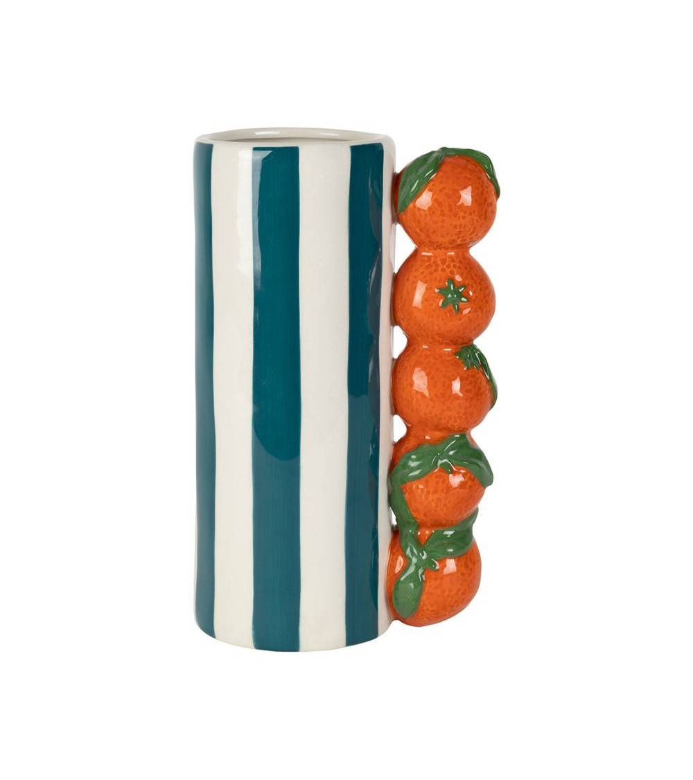 pompon bazar VASE en GRES BLEU et ORANGE style "MEDITERRANEEN" 19 5cm