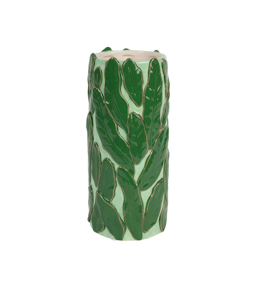 pompon bazar VASE en PORCELAINE imprimé FEUILLES VERTES 24cm
