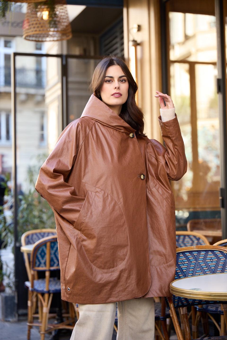 pret pour partir PARKA DÉPERLANTE PAOLA EN LIN ENDUIT et COTON TABAC