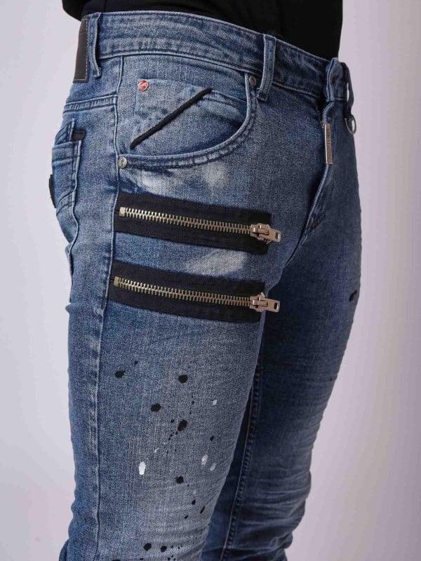 Project X Paris Jean Skinny Fit Délavage Bleu Brut Tacheté Zips Apparent Côté
