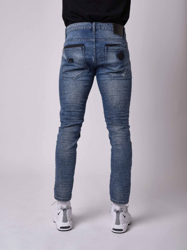 Project X Paris Jean Skinny Fit Délavage Bleu Brut Tacheté Zips Apparent Côté