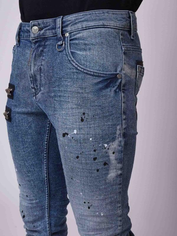 Project X Paris Jean Skinny Fit Délavage Bleu Brut Tacheté Zips Apparent Côté