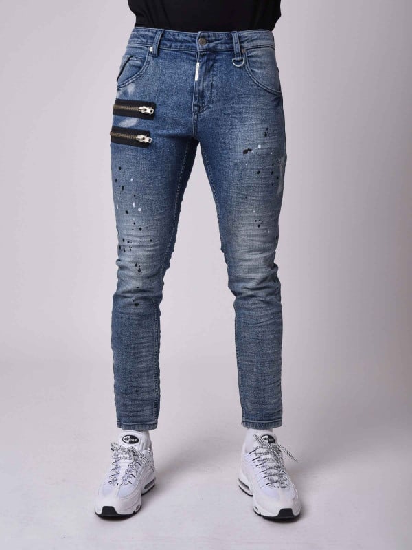 project x paris Jean skinny fit délavage bleu brut tacheté zips apparent côté