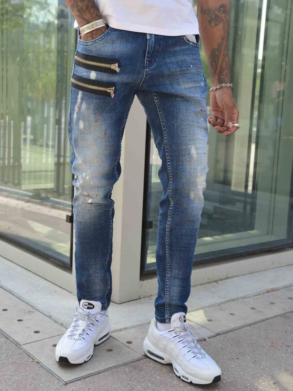 Project X Paris Jean Skinny Fit Délavage Bleu Tacheté Zips Apparent Côté