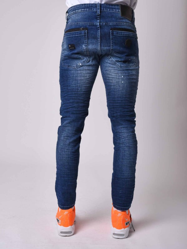 Project X Paris Jean Skinny Fit Délavage Bleu Tacheté Zips Apparent Côté