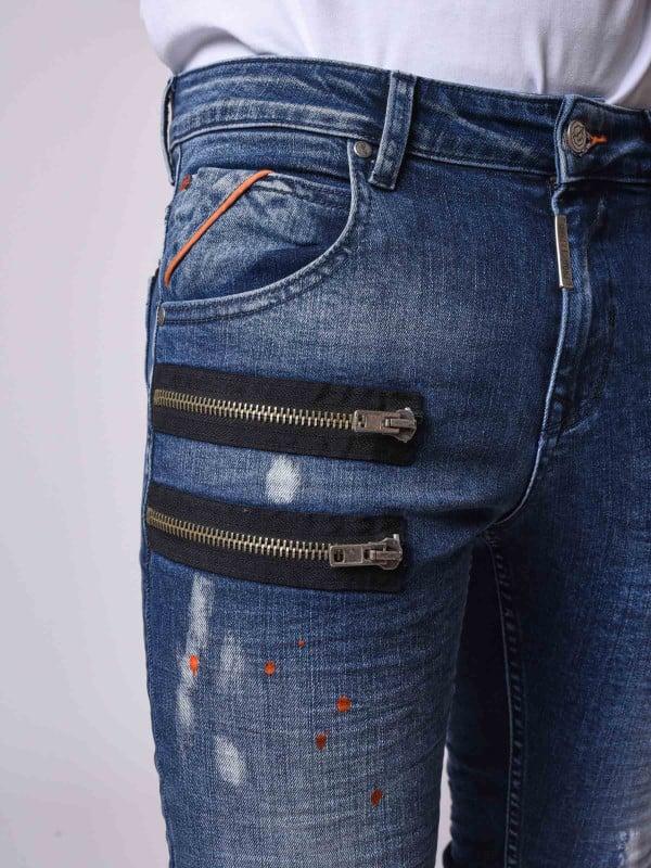Project X Paris Jean Skinny Fit Délavage Bleu Tacheté Zips Apparent Côté