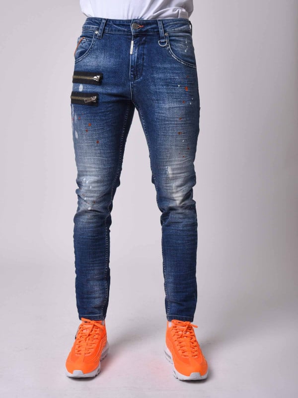 project x paris Jean skinny fit délavage bleu tacheté zips apparent côté