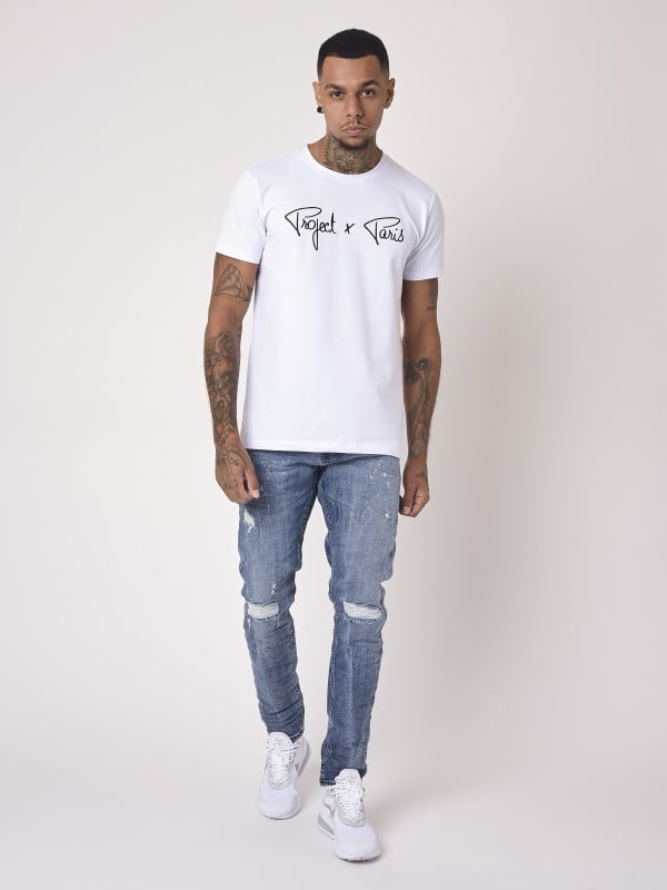 Project X Paris Jean Slim Bleu Grisé Effet Usé Et Trous