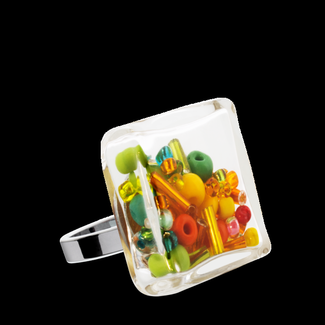 pylones Bague en verre soufflé - Carré Medium Mix Perles
