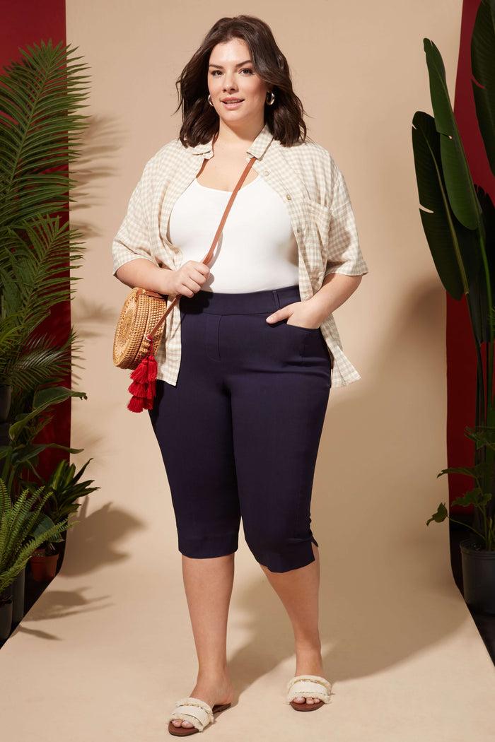 rekucci Curvy Capri with Flattering Wide Waistband navy
