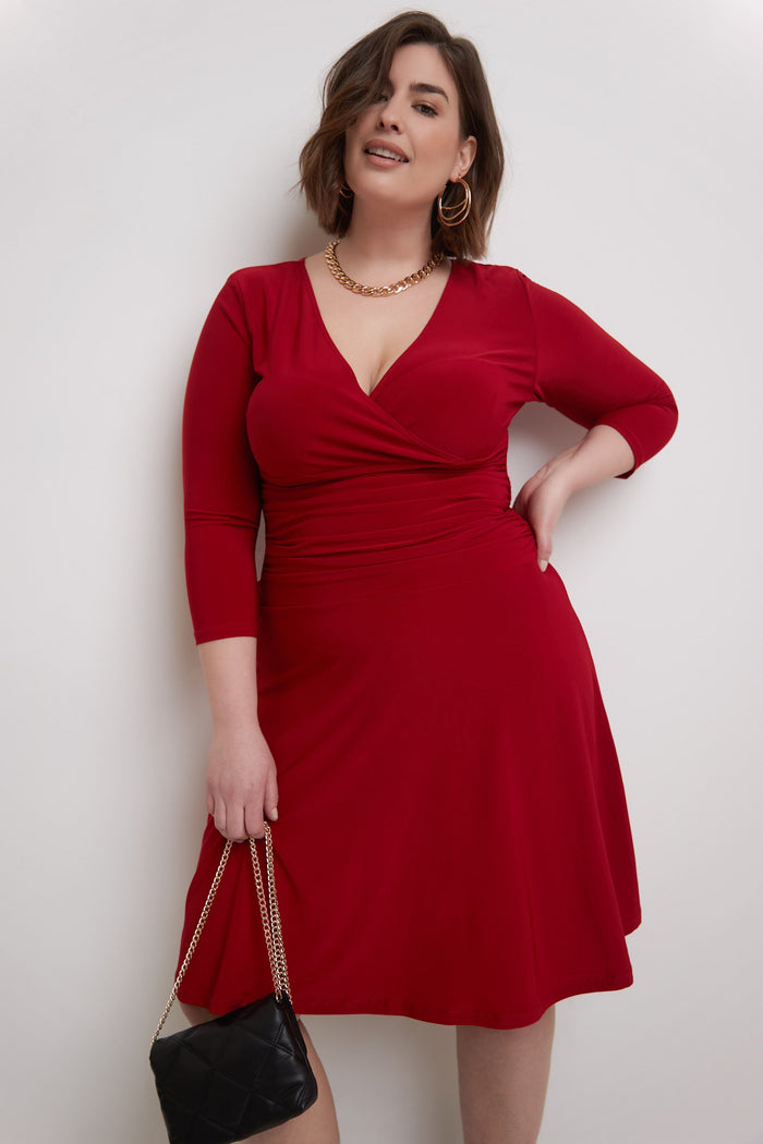 rekucci Curvy Form-Fitting Ruched Dress with Tummy Control cherry