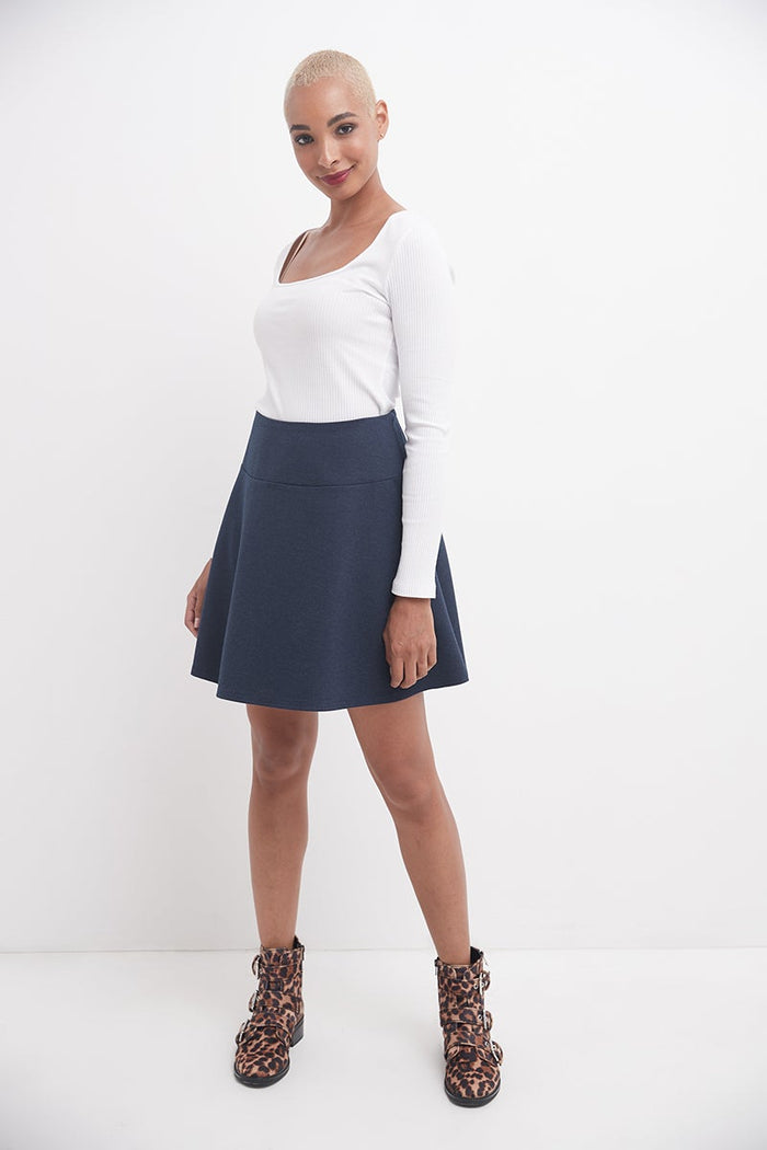 rekucci Fit-And-Flare Skirt with Wide Waistband indigo